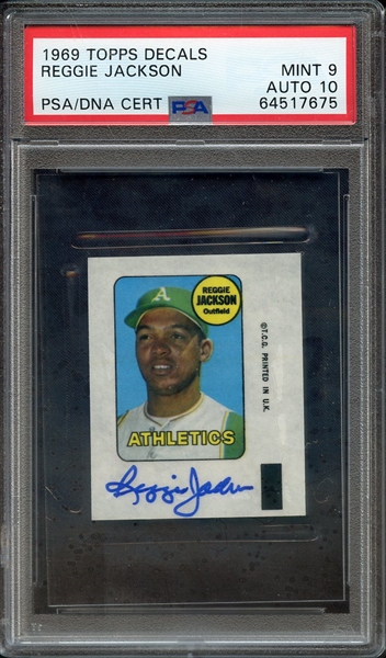 1969 TOPPS DECALS SIGNED REGGIE JACKSON PSA MINT 9 PSA/DNA AUTO 10