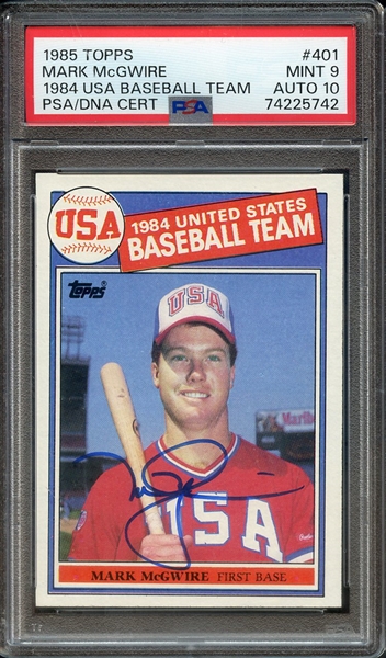 1985 TOPPS 401 SIGNED MARK MCGWIRE PSA MINT 9 PSA/DNA AUTO 10