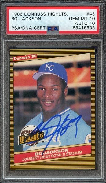 1986 DONRUSS HIGHLIGHTS 43 SIGNED BO JACKSON PSA GEM MT 10 PSA/DNA AUTO 10