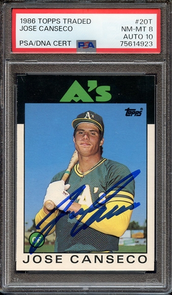 1986 TOPPS TRADED 20T SIGNED JOSE CANSECO PSA NM-MT 8 PSA/DNA AUTO 10