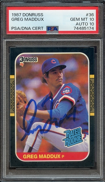 1987 DONRUSS 36 SIGNED GREG MADDUX PSA GEM MT 10 PSA/DNA AUTO 10