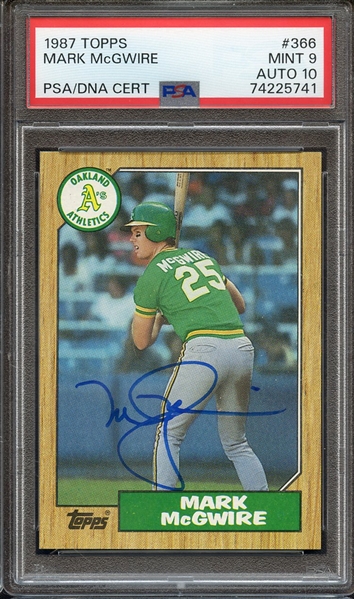 1987 TOPPS 366 SIGNED MARK MCGWIRE PSA MINT 9 PSA/DNA AUTO 10