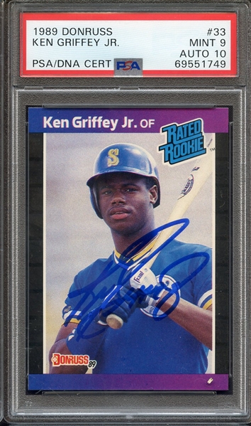 1989 DONRUSS 33 SIGNED KEN GRIFFEY JR PSA MINT 9 PSA/DNA AUTO 10