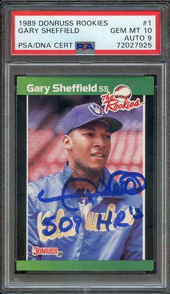 1989 DONRUSS ROOKIES 1 SIGNED GARY SHEFFIELD 512 HR'S PSA GEM MT 10 PSA/DNA AUTO 9