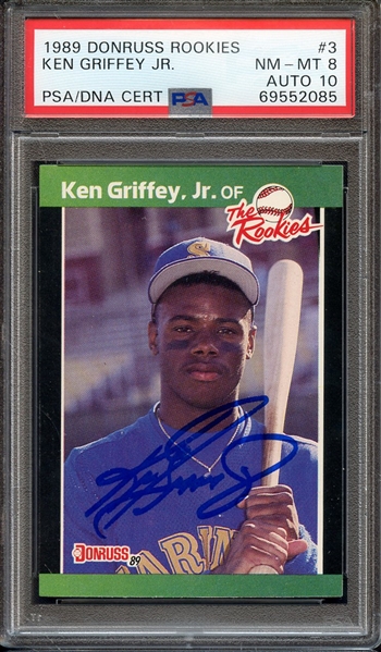 1989 DONRUSS ROOKIES 3 SIGNED KEN GRIFFEY JR PSA NM-MT 8 PSA/DNA AUTO 10