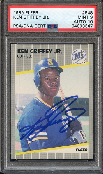 1989 FLEER 548 SIGNED KEN GRIFFEY JR PSA MINT 9 PSA/DNA AUTO 10