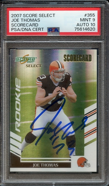 2007 SCORE SELECT SCORECARD 355 SIGNED JOE THOMAS PSA MINT 9 PSA/DNA AUTO 10