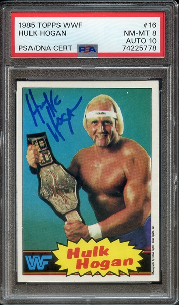 1985 TOPPS WWF 16 SIGNED HULK HOGAN PSA NM-MT 8 PSA/DNA AUTO 10