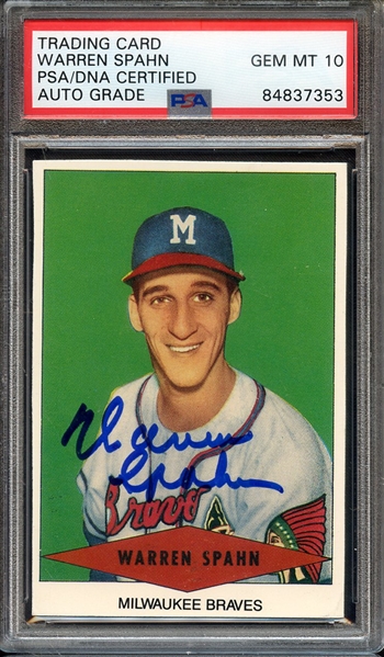 WARREN SPAHN SIGNED REPRINT CARD PSA/DNA AUTO 10