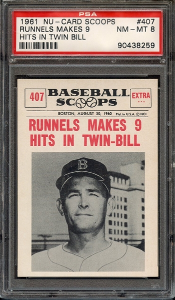 1961 NU-CARD SCOOPS 407 RUNNELS MAKES 9 HITS IN TWIN-BILL PSA NM-MT 8