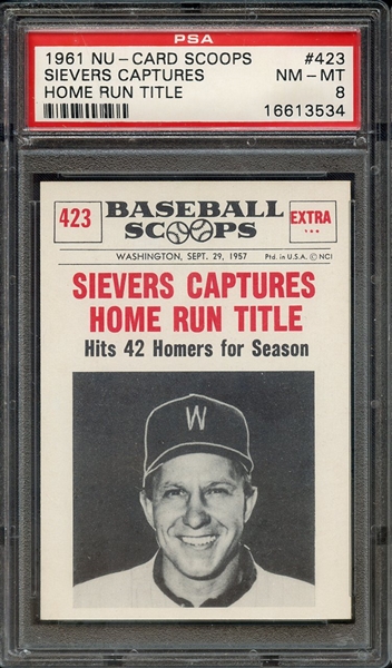 1961 NU-CARD SCOOPS 423 SIEVERS CAPTURES HOME RUN TITLE PSA NM-MT 8