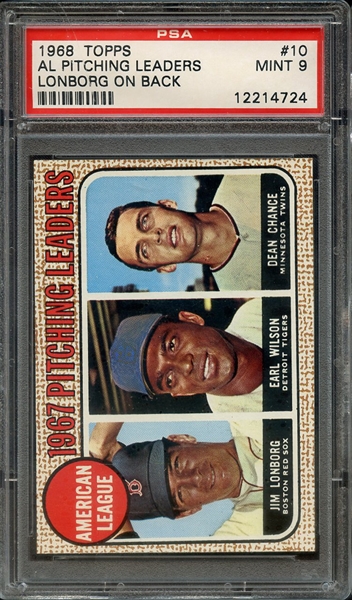 1968 TOPPS 10 AL PITCHING LEADERS LONBORG ON BACK PSA MINT 9