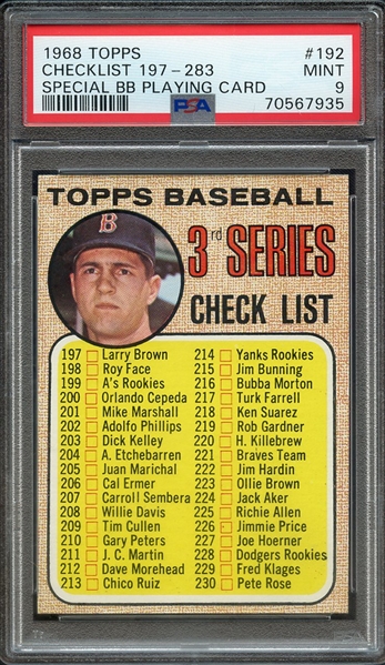 1968 TOPPS 192 CHECKLIST 197-283 SPECIAL BB PLAYING CARD PSA MINT 9