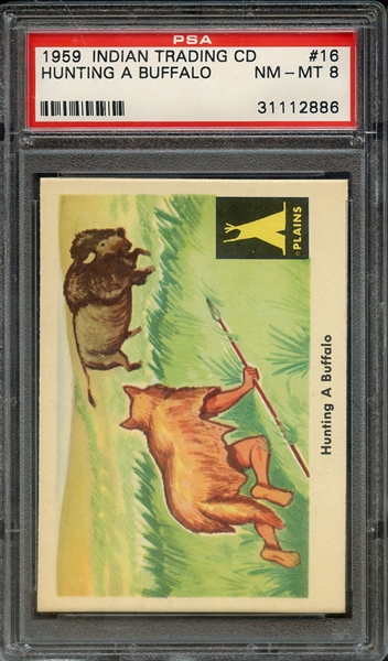1959 INDIAN TRADING CARD 16 HUNTING A BUFFALO PSA NM-MT 8