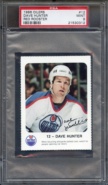 1986 OILERS RED ROOSTER 12 DAVE HUNTER RED ROOSTER PSA MINT 9