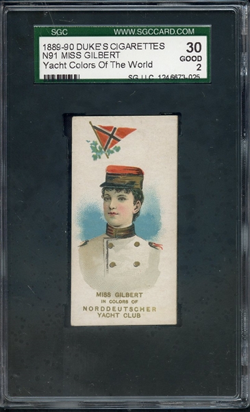 1889-90 DUKES CIGARRETES N91 MISS GILBERT YACHT COLORS OF THE WORLD SGC GOOD 30 / 2