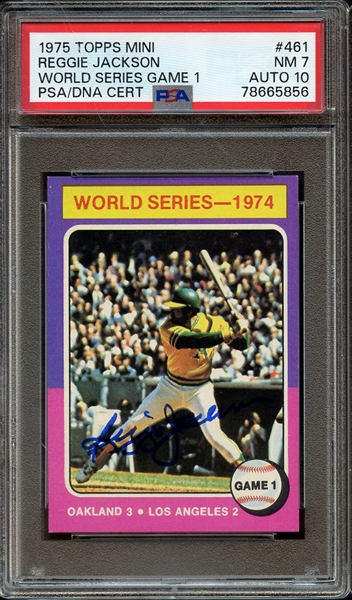 1975 TOPPS MINI 461 SIGNED REGGIE JACKSON WORLD SERIES GAME 1 PSA NM 7 PSA/DNA AUTO 10