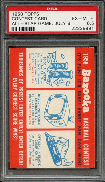 1958 TOPPS CONTEST CARD ALL-STAR GAME, JULY 8 PSA EX-MT+ 6.5