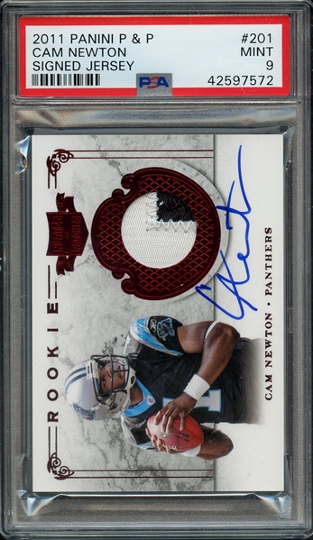 2011 PANINI PLATES & PATCHES 201 CAM NEWTON SIGNED JERSEY PSA MINT 9