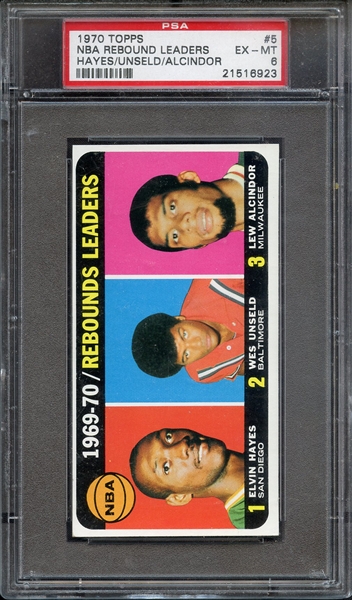 1970 TOPPS 5 NBA REBOUND LEADERS HAYES/UNSELD/ALCINDOR PSA EX-MT 6