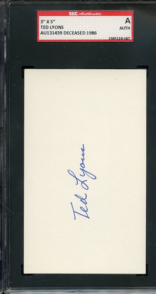 TED LYONS SIGNED INDEX CARD SGC AUTO AUTHENTIC