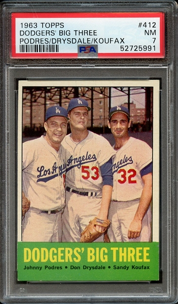 1963 TOPPS 412 DODGERS' BIG THREE PODRES/DRYSDALE/KOUFAX PSA NM 7