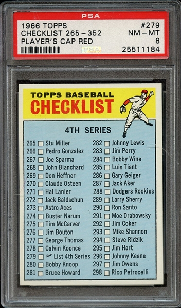 1966 TOPPS 279 CHECKLIST 265-352 PLAYER'S CAP RED PSA NM-MT 8