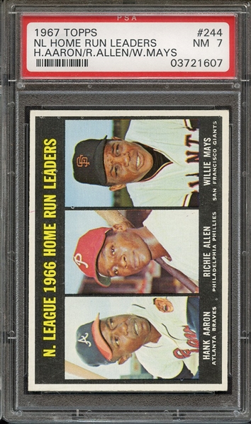 1967 TOPPS 244 NL HOME RUN LEADERS H.AARON/R.ALLEN/W.MAYS PSA NM 7