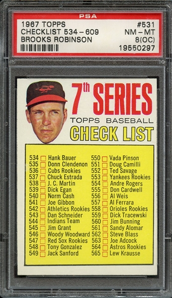 1967 TOPPS 531 CHECKLIST 534-609 BROOKS ROBINSON PSA NM-MT 8 (OC)