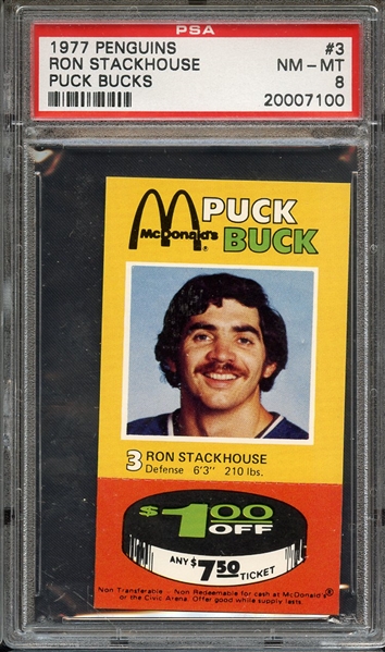 1977 PENGUINS PUCK BUCKS 3 RON STACKHOUSE PUCK BUCKS PSA NM-MT 8