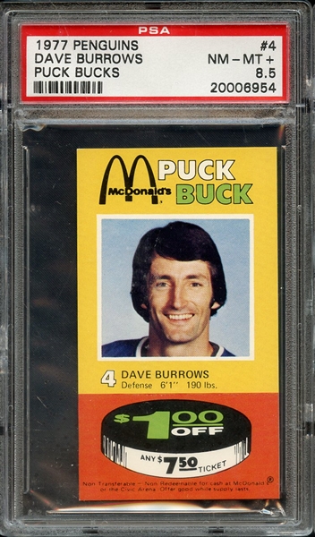 1977 PENGUINS PUCK BUCKS 4 DAVE BURROWS PUCK BUCKS PSA NM-MT+ 8.5