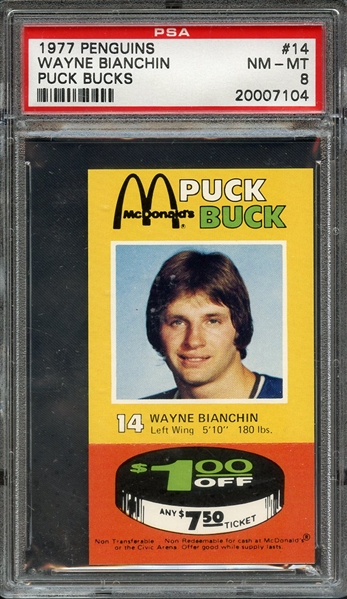 1977 PENGUINS PUCK BUCKS 14 WAYNE BIANCHIN PUCK BUCKS PSA NM-MT 8