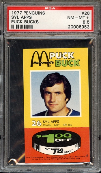 1977 PENGUINS PUCK BUCKS 26 SYL APPS PUCK BUCKS PSA NM-MT+ 8.5