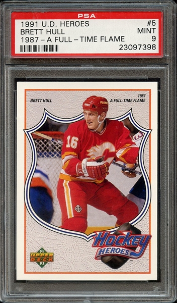 1991 UPPER DECK BRETT HULL HEROES 5 BRETT HULL 1987-A FULL-TIME FLAME PSA MINT 9