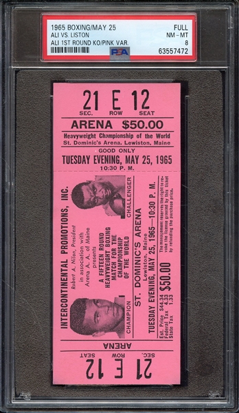 1965 BOXING-FULL FULL ALI VS. LISTON ALI 1ST ROUND KO/PINK VAR. PSA NM-MT 8