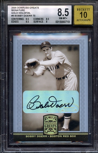 2005 DONRUSS GREATS GOLD HOLOFOIL SIGNATURE BOBBY DOERR BGS NM-MT+ 8.5 AUTO 10