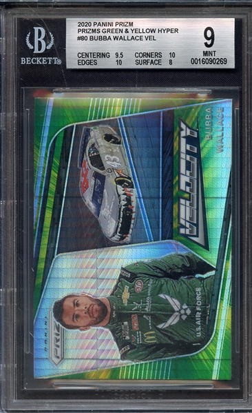 2020 PANINI PRIZM GREEN & YELLOW HYPER 80 BUBBA WALLACE BGS MINT 9