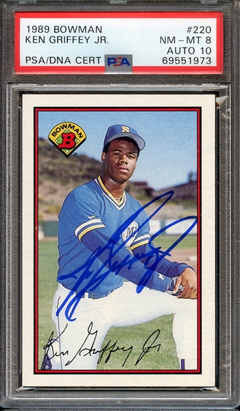 1989 BOWMAN 220 SIGNED KEN GRIFFEY JR PSA NM-MT 8 PSA/DNA AUTO 10