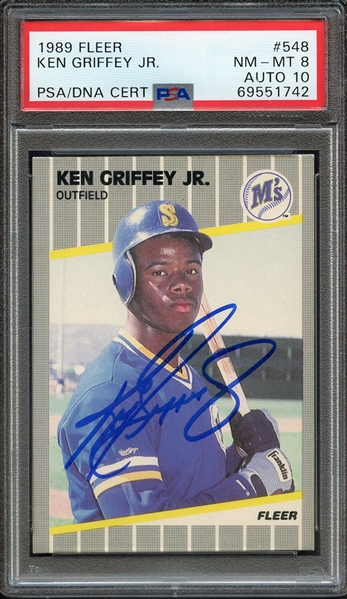 1989 FLEER 548 SIGNED KEN GRIFFEY JR PSA NM-MT 8 PSA/DNA AUTO 10