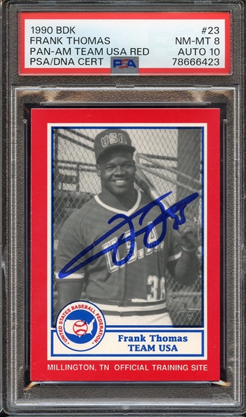 1990 BDK PAN AM TEAM USA RED 23 SIGNED FRANK THOMAS PSA NM-MT 8 PSA/DNA AUTO 10