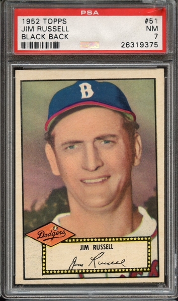 1952 TOPPS 51 JIM RUSSELL BLACK BACK PSA NM 7