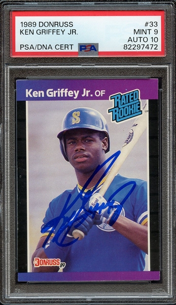 1989 DONRUSS 33 SIGNED KEN GRIFFEY JR PSA MINT 9 PSA/DNA AUTO 10