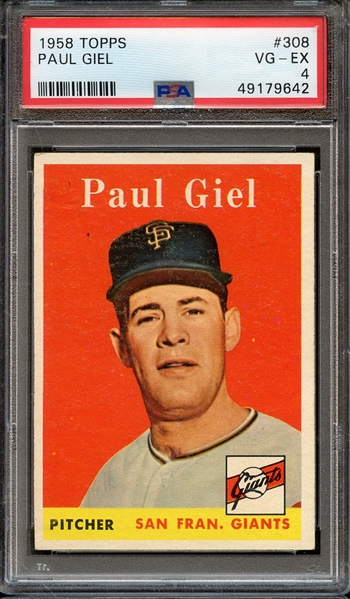 1958 TOPPS 308 PAUL GIEL PSA VG-EX 4