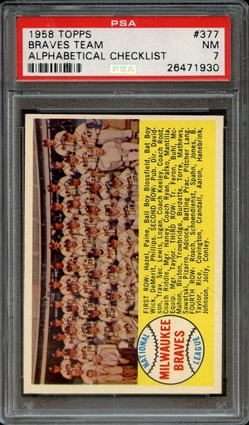 1958 TOPPS 377 BRAVES TEAM ALPHABETICAL CHECKLIST PSA NM 7