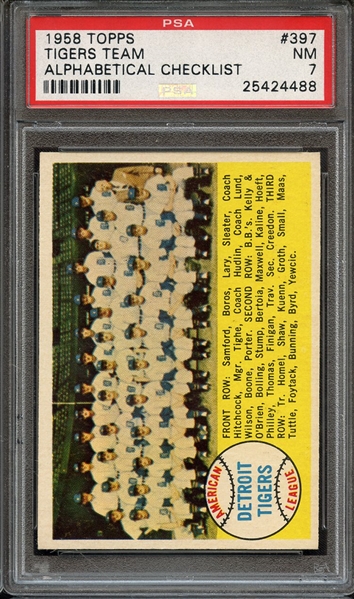 1958 TOPPS 397 TIGERS TEAM ALPHABETICAL CHECKLIST PSA NM 7