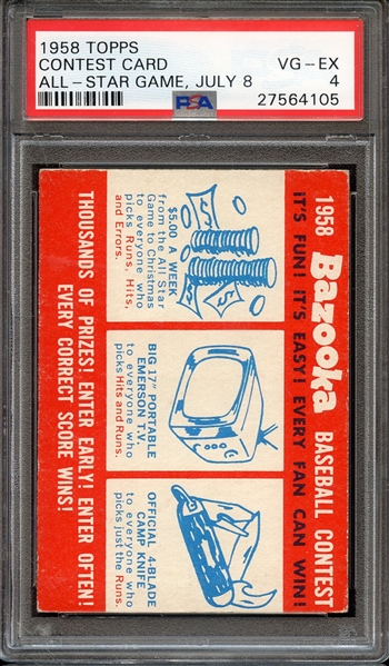 1958 TOPPS CONTEST CARD ALL-STAR GAME, JULY 8 PSA VG-EX 4