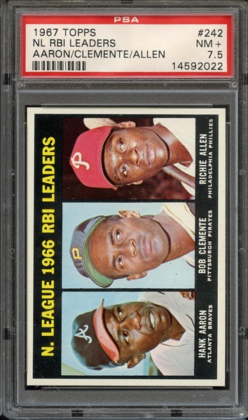 1967 TOPPS 242 NL RBI LEADERS AARON/CLEMENTE/ALLEN PSA NM+ 7.5