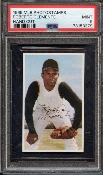 1969 MLB PHOTOSTAMPS ROBERTO CLEMENTE HAND CUT PSA MINT 9