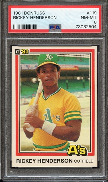 1981 DONRUSS 119 RICKEY HENDERSON PSA NM-MT 8