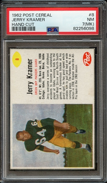 1962 POST CEREAL 8 JERRY KRAMER HAND CUT PSA NM 7 (MK)